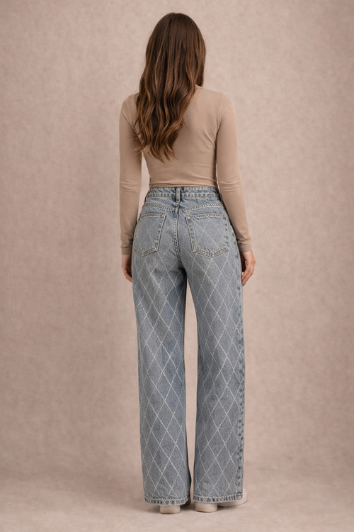 Kadın Yüksek Bel Taşlı Palazzo Kot Pantolon