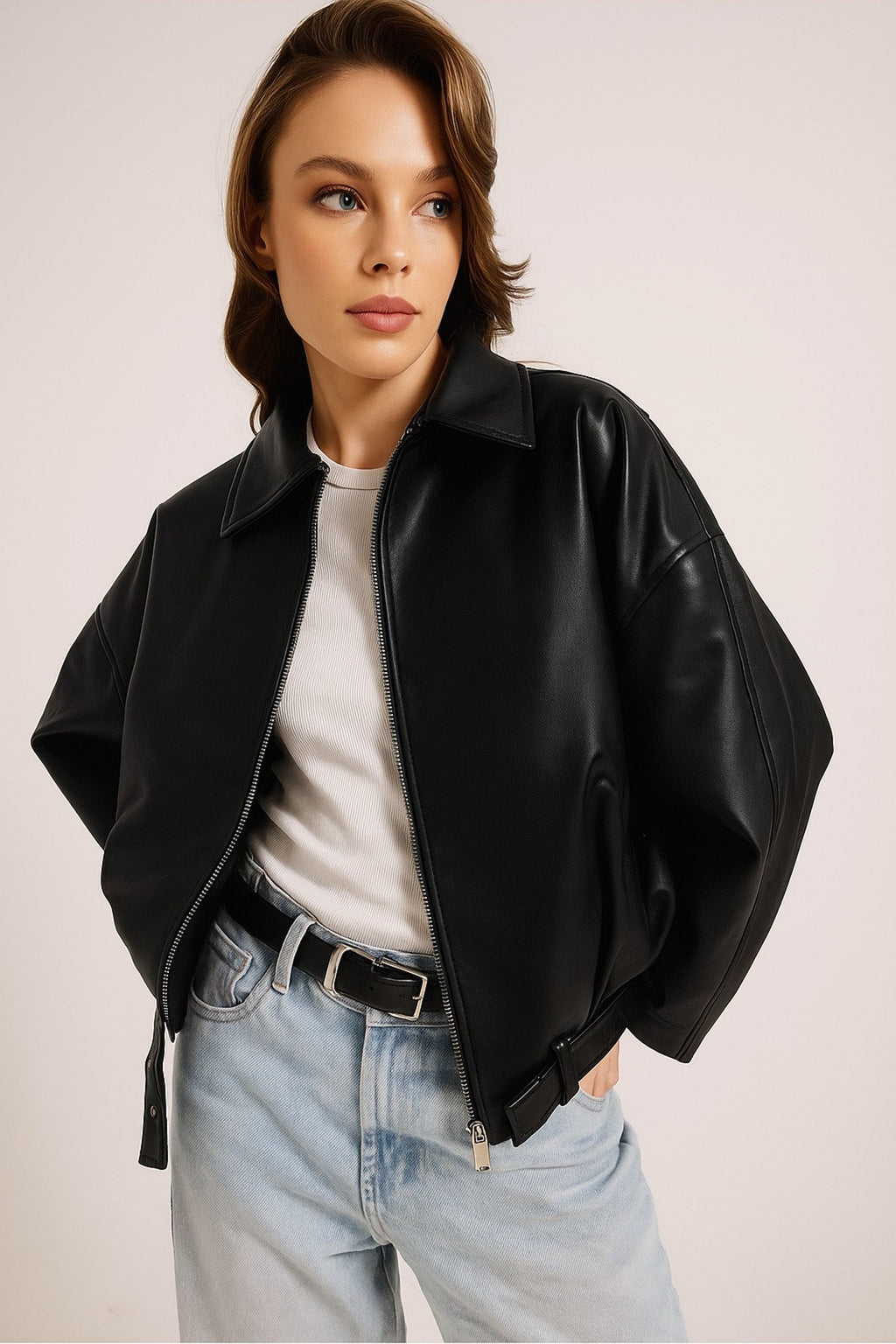Yeni Sezon Suni Oversize Bomber Deri Ceket
