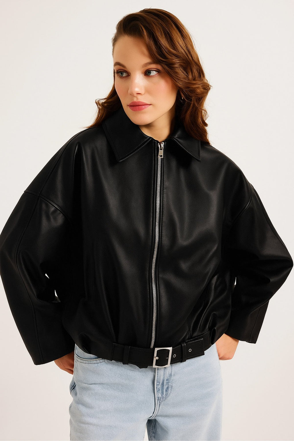 Yeni Sezon Suni Oversize Bomber Deri Ceket