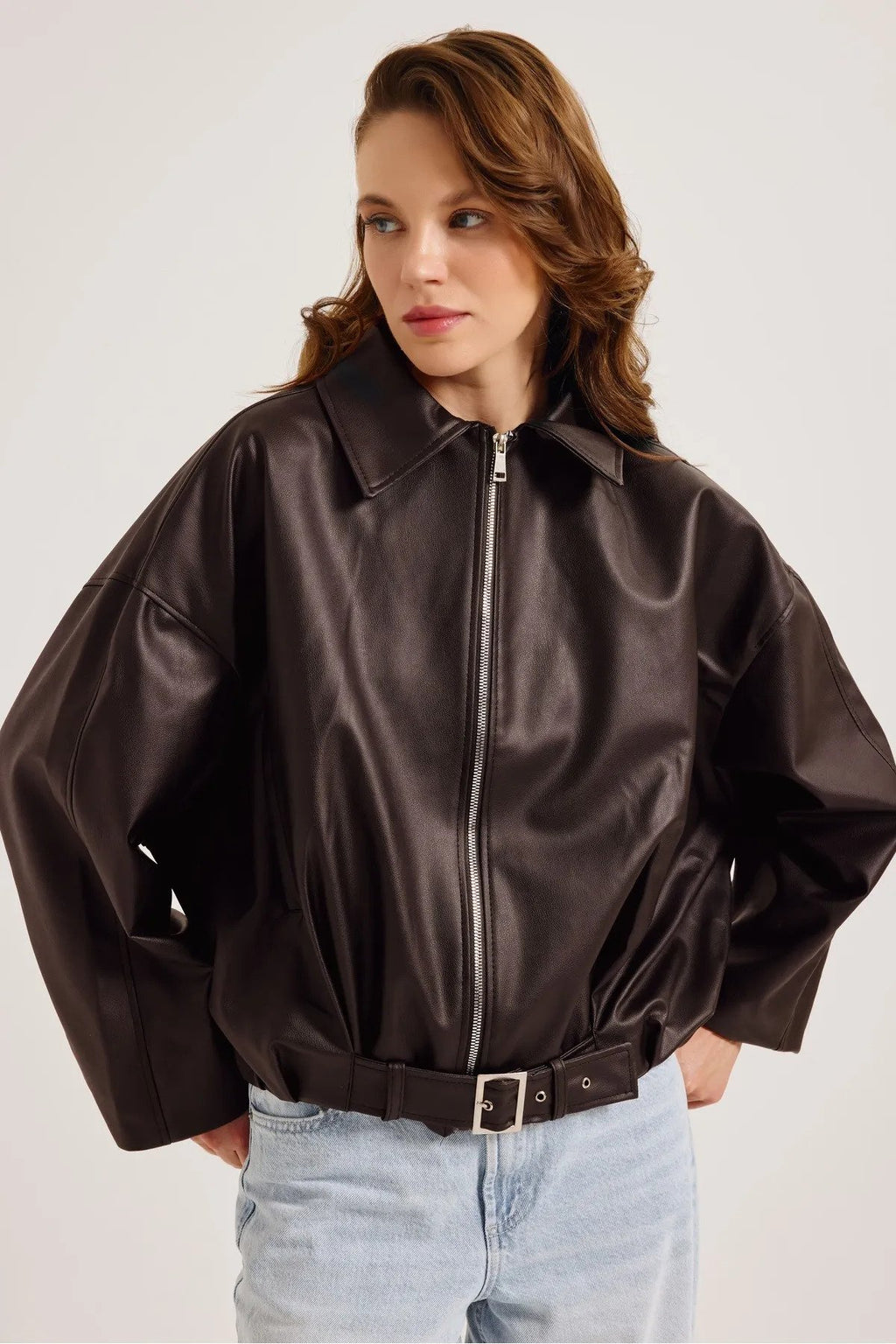 Yeni Sezon Suni Oversize Bomber Deri Ceket