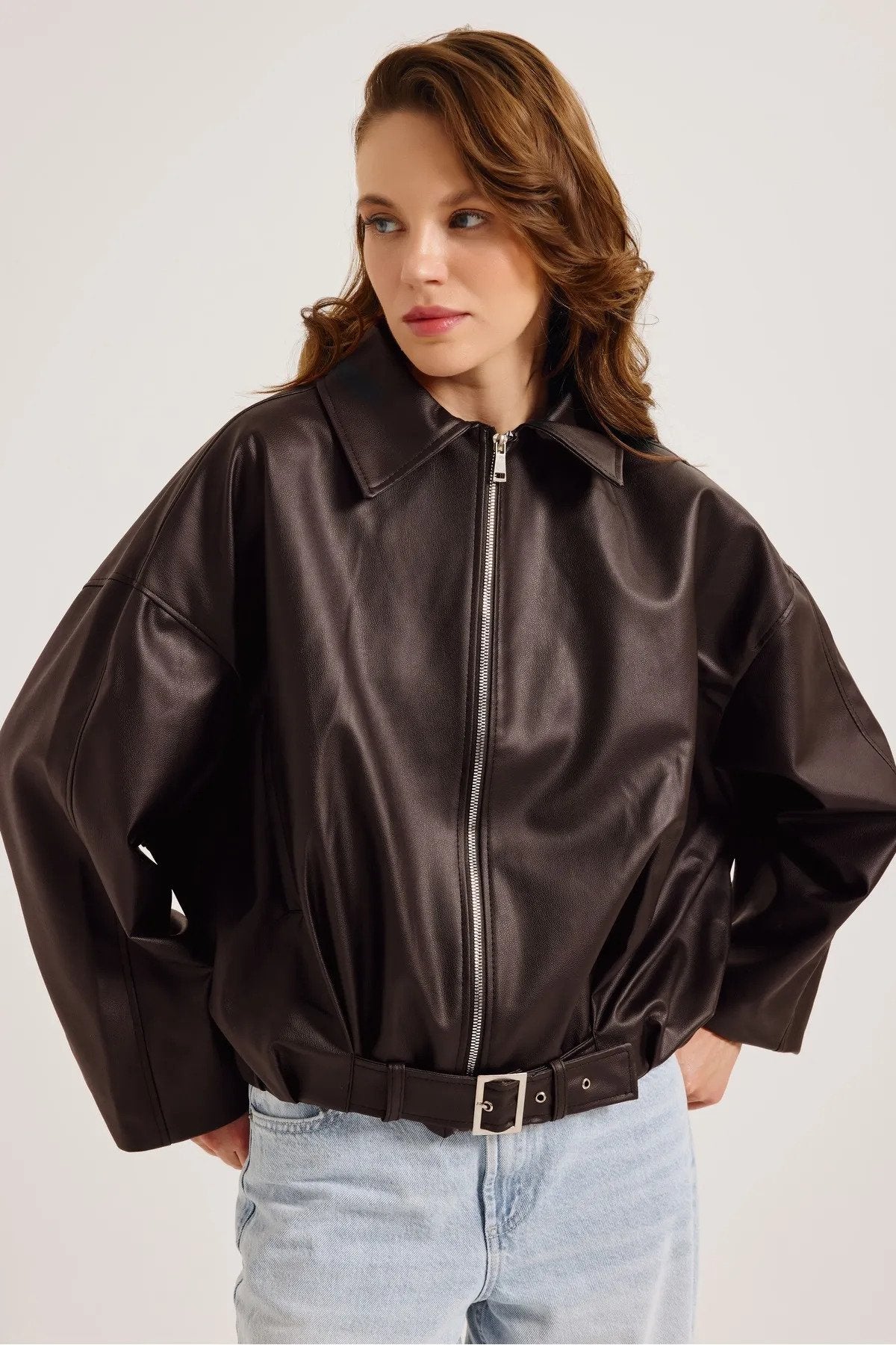 Yeni Sezon Suni Oversize Bomber Deri Ceket