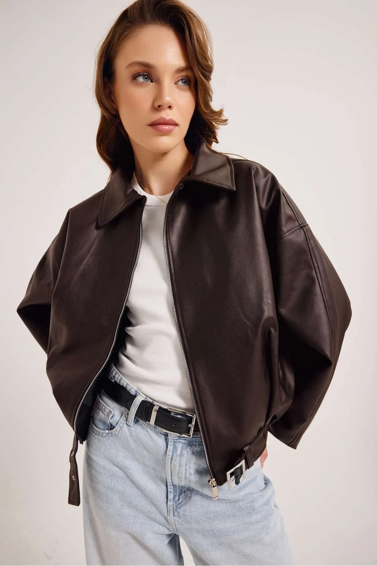 Yeni Sezon Suni Oversize Bomber Deri Ceket
